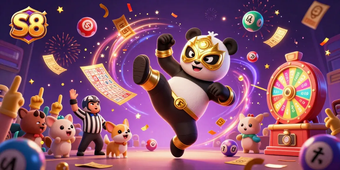 S8 offers thrilling lottery experiences with exciting games and dynamic graphics in this colorful casino-themed illustration.