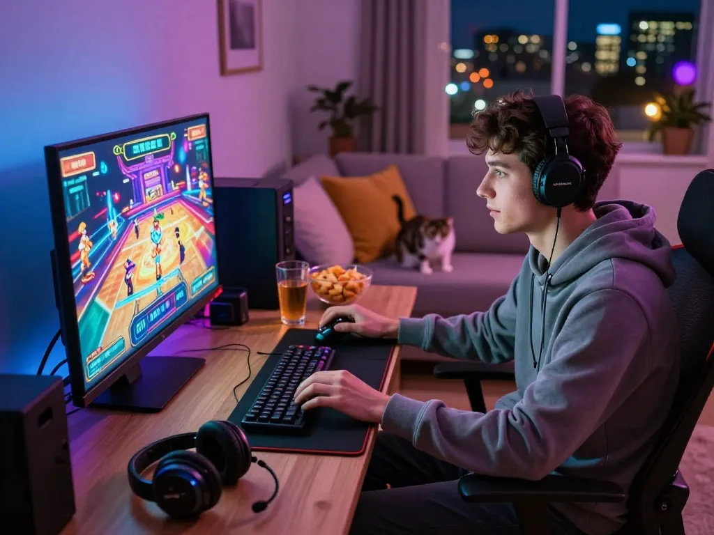 Engaged gamer enjoying MM88 online casino experience in a cozy living room.