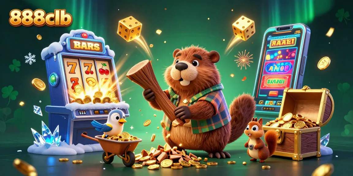 Win big at 888clb with a lively scene of a beaver and friends celebrating golden jackpots!
