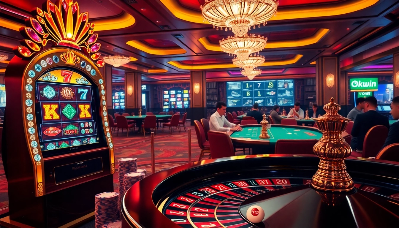 Okwin casino experience featuring slot machines and vibrant gambling tables.