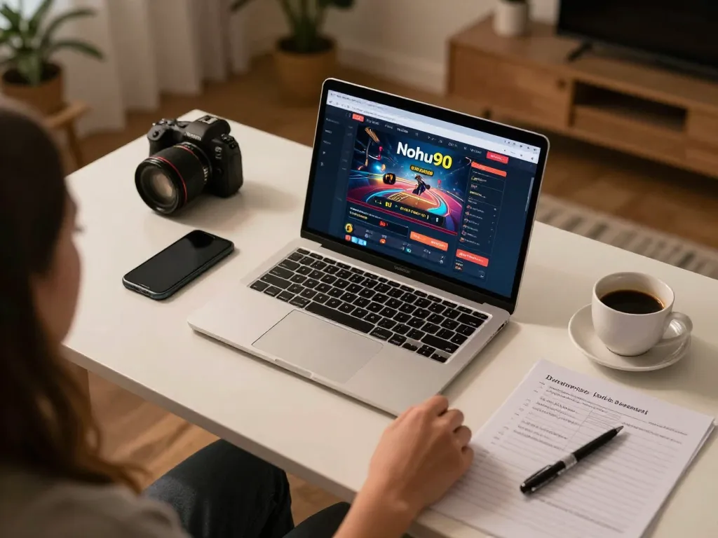 Nohu90 gaming setup featuring a laptop and strategy notes in a cozy atmosphere
