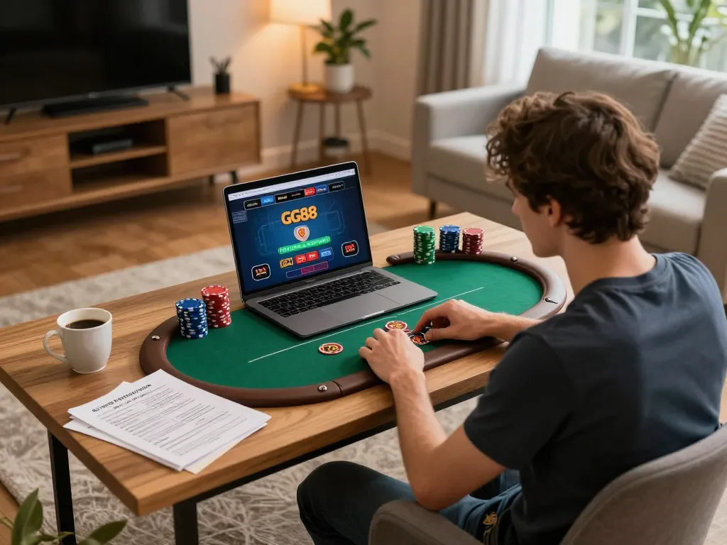 GG88 player engaging in intense poker game on laptop while sipping coffee at home desk