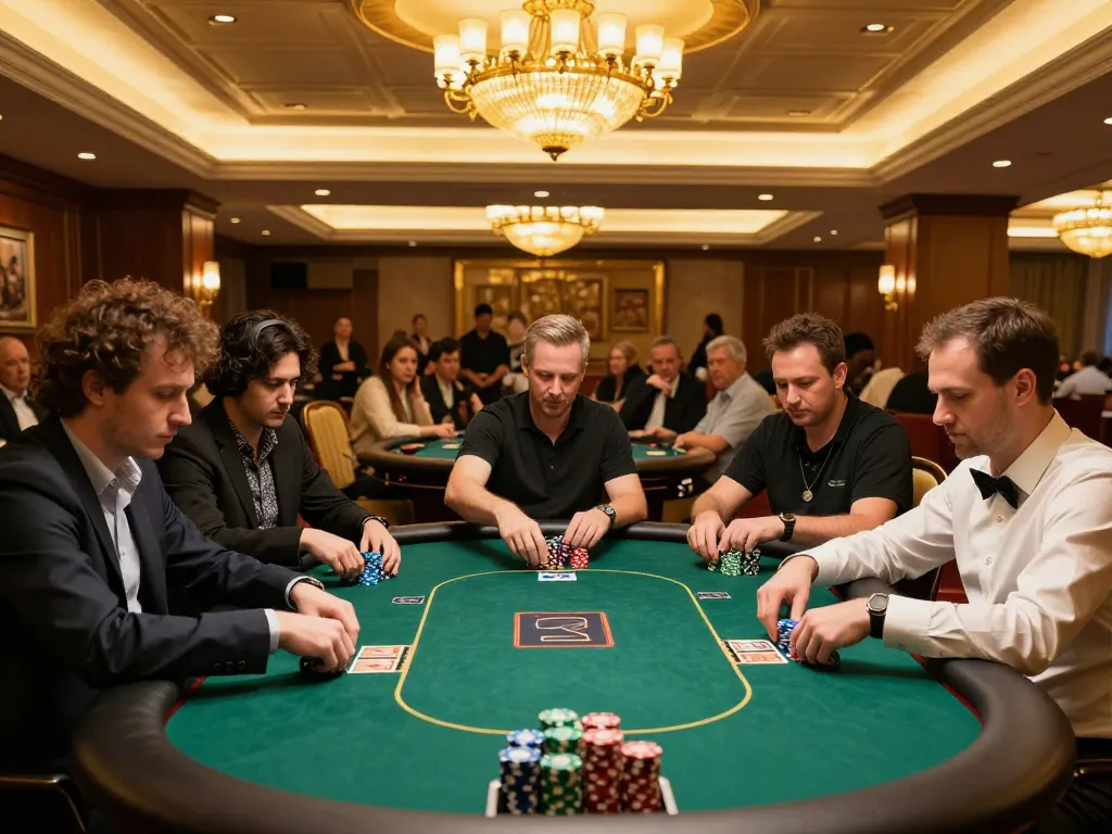 Experience rwin poker strategy in a luxury casino tournament, players focused on their hands