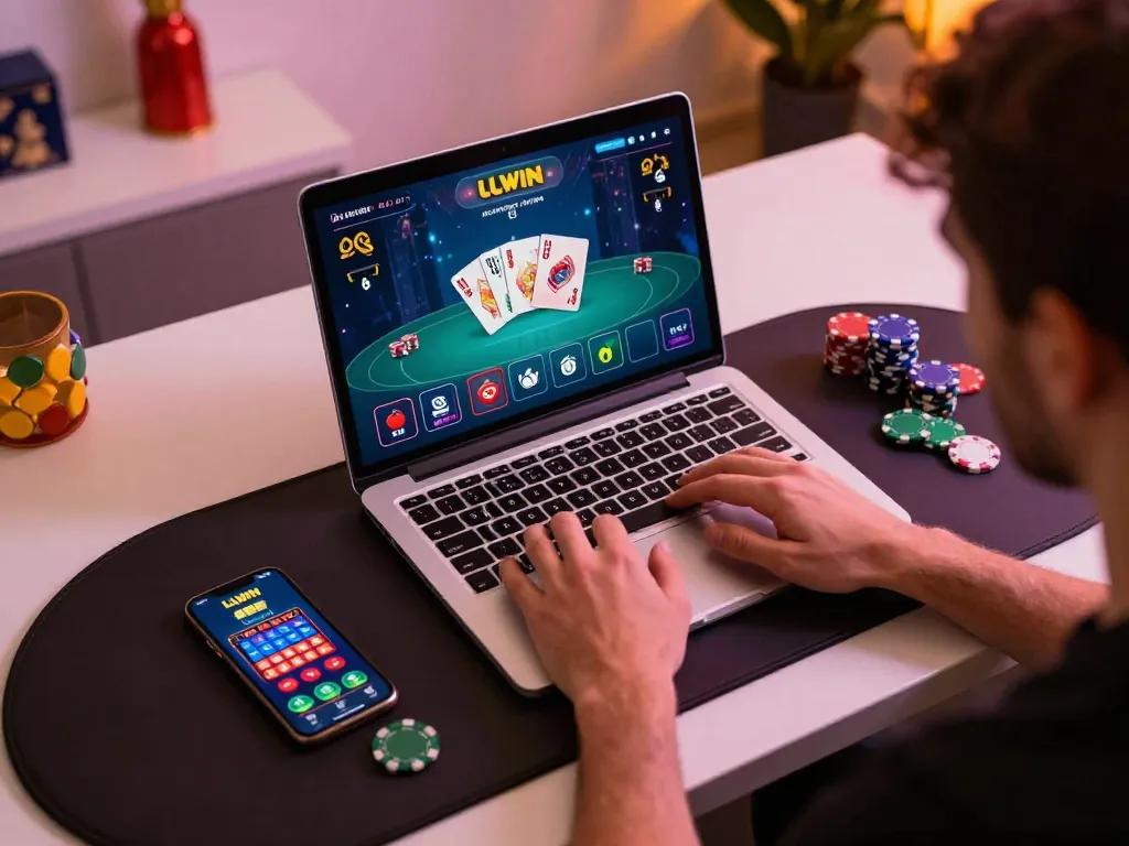 Engaging user playing poker on the LLWIN platform, surrounded by gaming elements for a competitive atmosphere