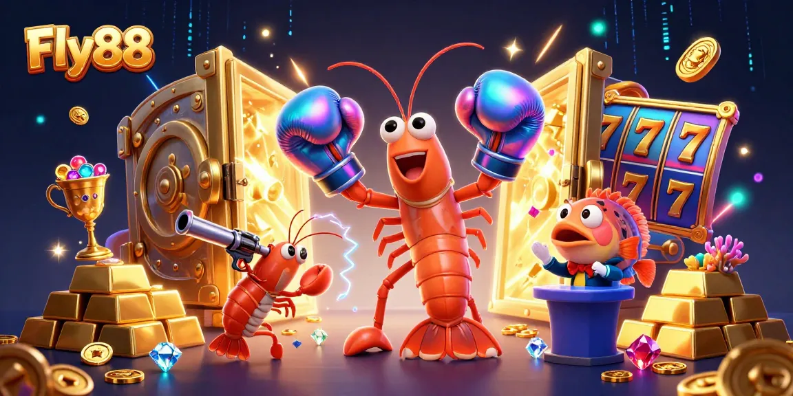 Experience Fly88, an action-packed casino scene featuring energetic shrimp characters and dazzling treasures.