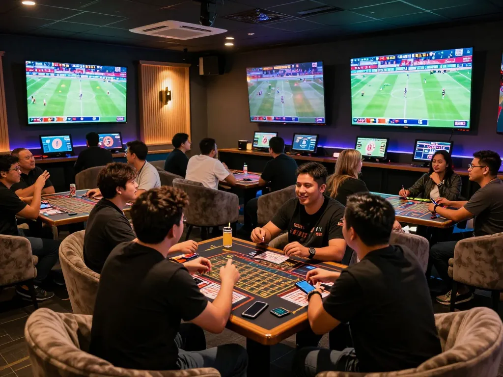 Engaging sports betting scene at OKWIN lounge with enthusiastic bettors and multiple screens.