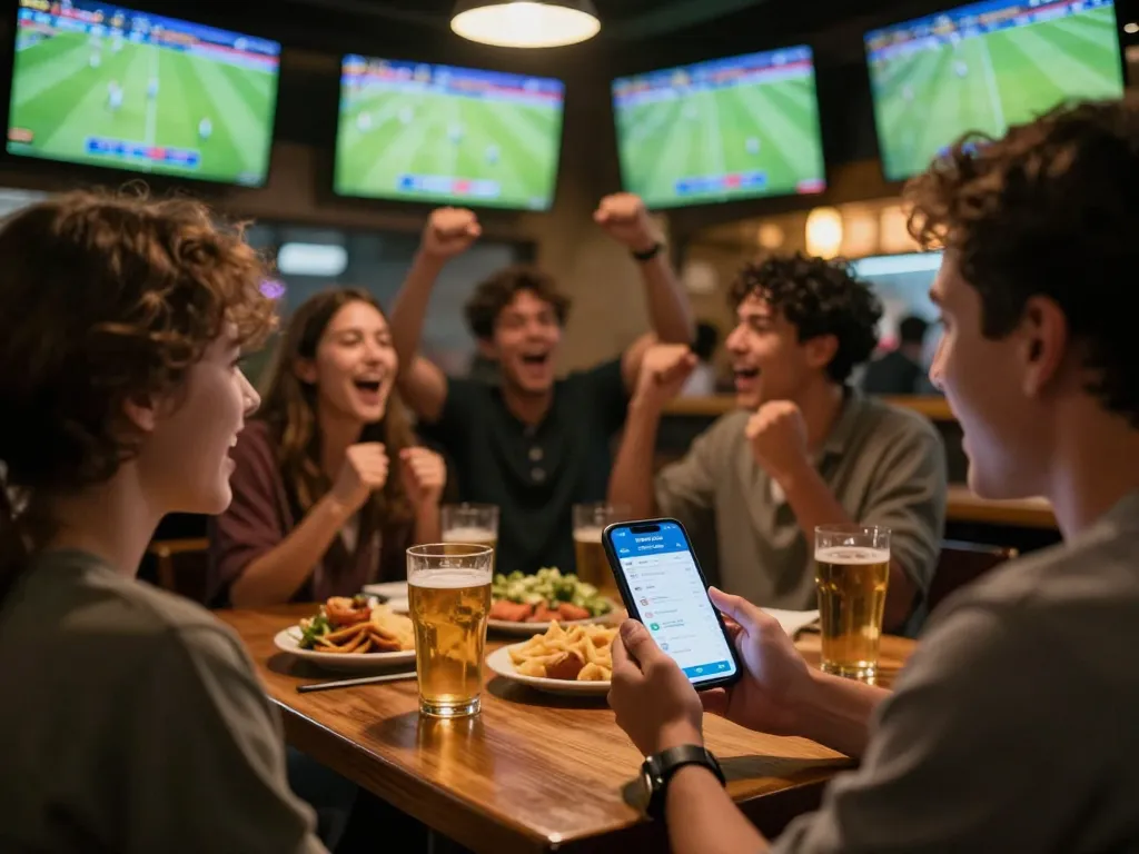 Kèo Nhà Cái sports betting scene in a vibrant sports bar with excited spectators.