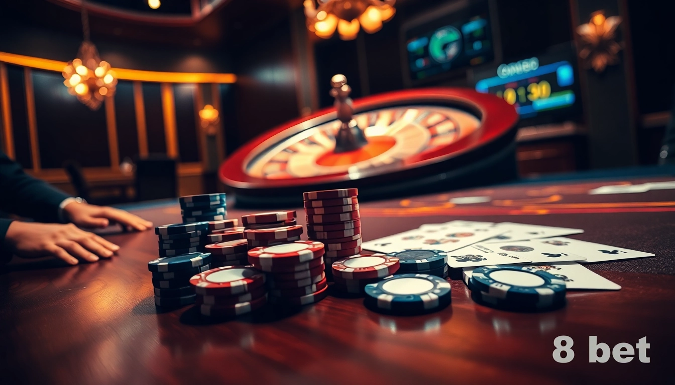 Experience winning moments at 8Kbet's thrilling online casino with vibrant chips and cards.