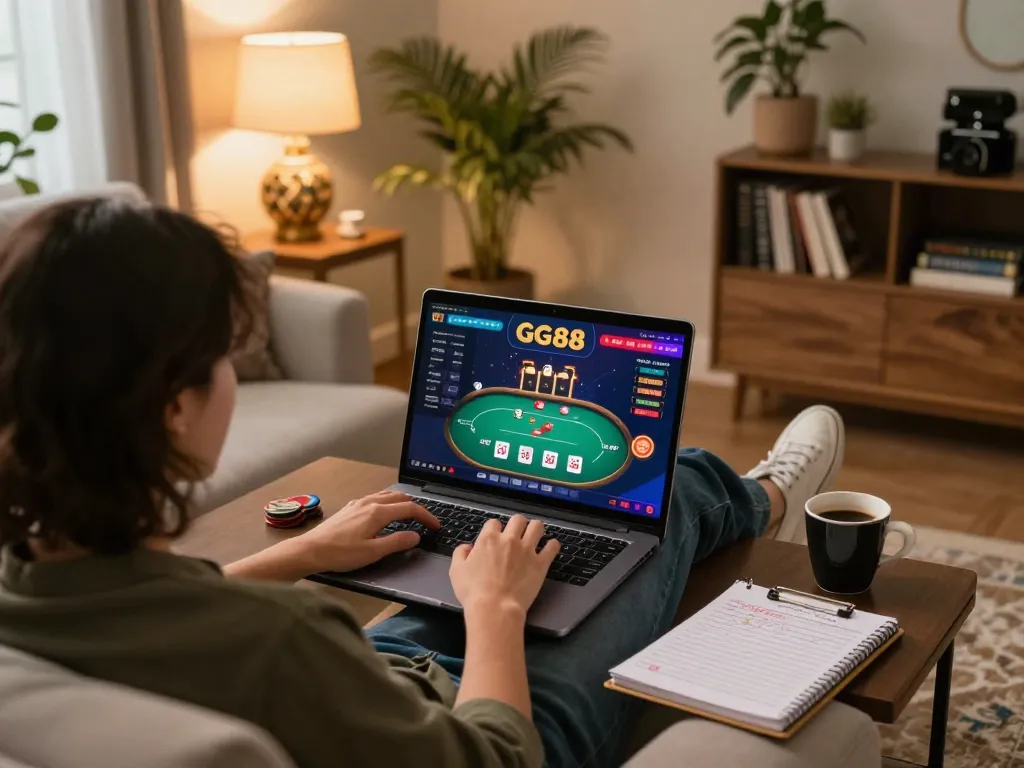 GG88 online poker gaming session, showcasing strategic gameplay at home with relaxed atmosphere.