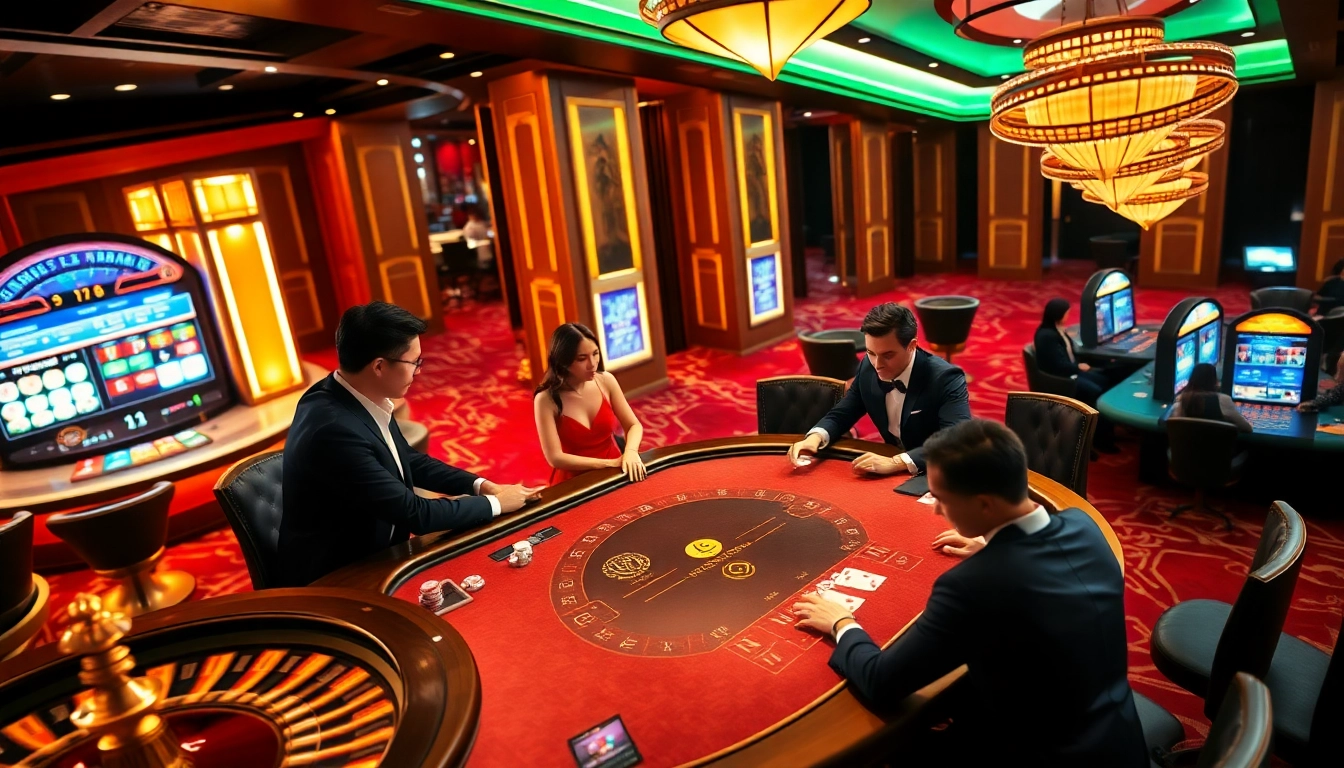 Engaging scene of players enjoying Game Bài Đổi Thưởng at a luxurious casino table, highlighting strategy and excitement.