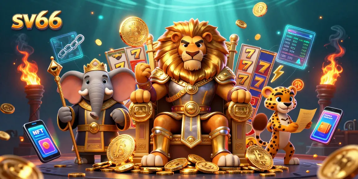 Join the excitement at sv66 with a vibrant casino scene featuring a lion king, elephant advisor, and cheetah messenger surrounded by dynamic gambling elements.