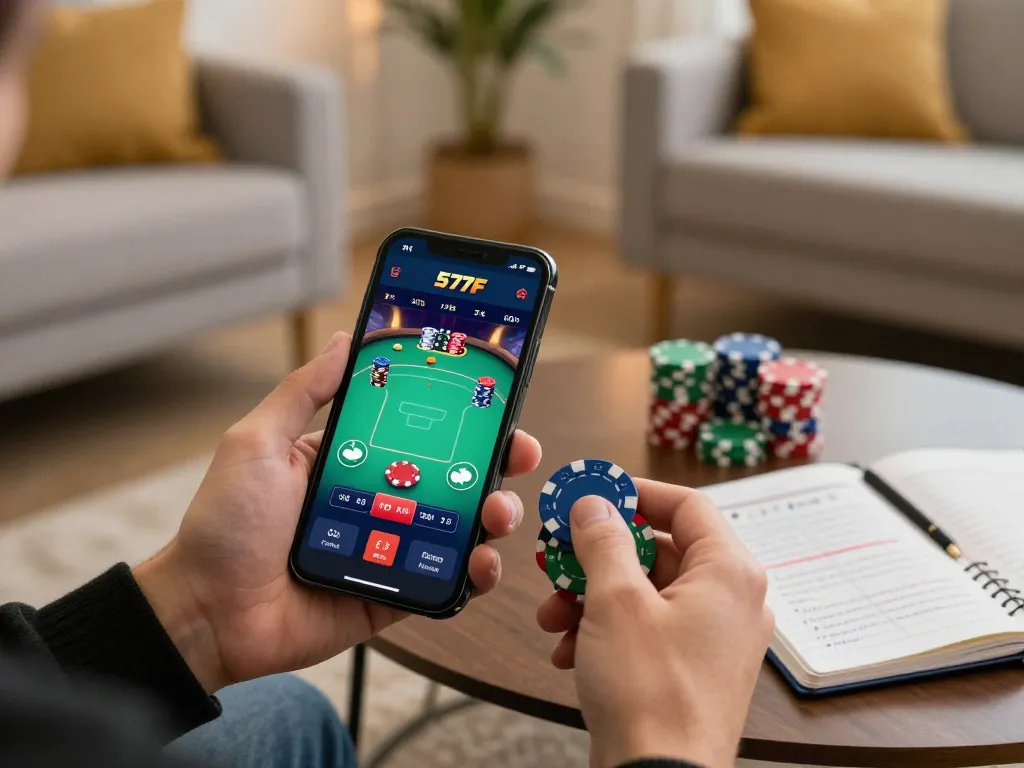 Player enjoying the 577F mobile app poker experience from home, showcasing engaged gameplay