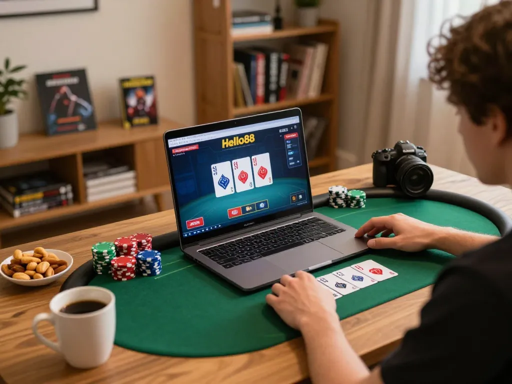 Hello88 player engaging in a strategic poker game from the comfort of their home.
