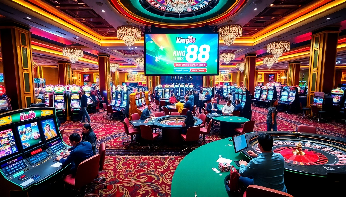 Players enjoying thrilling games at King88 casino, surrounded by vibrant slot machines and table games.