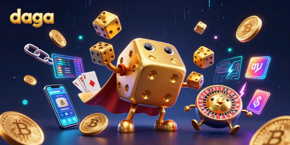 Engage with the vibrant games at daga, featuring golden dice and neon crypto elements in a stunning casino scene.