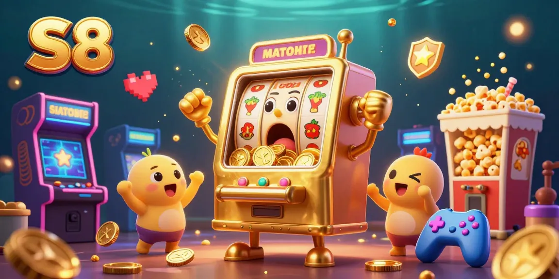 S8 casino showcases a golden slot machine celebrating a jackpot, amidst colorful game elements.