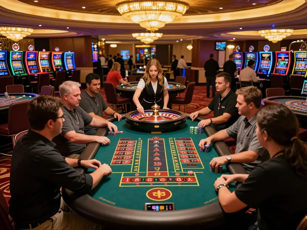 Players placing bets at a vibrant roulette table at Luck8 casino, showcasing excitement and thrill.