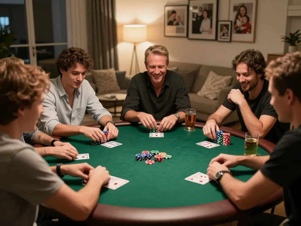 hello88 players engaging in a friendly poker game at home, showcasing strategy and camaraderie in a cozy atmosphere