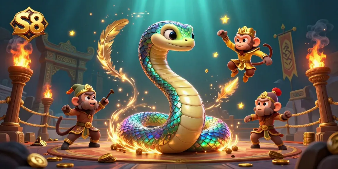 S8 showcases vibrant casino magic with a rainbow serpent and golden monkey king in a dynamic gambling scene