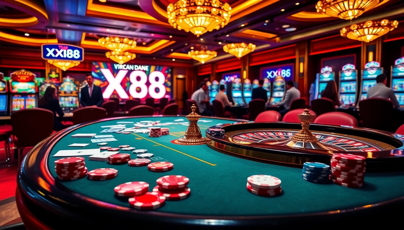 Experience the excitement of gambling at XX88 casino with vibrant tables and engaging players.