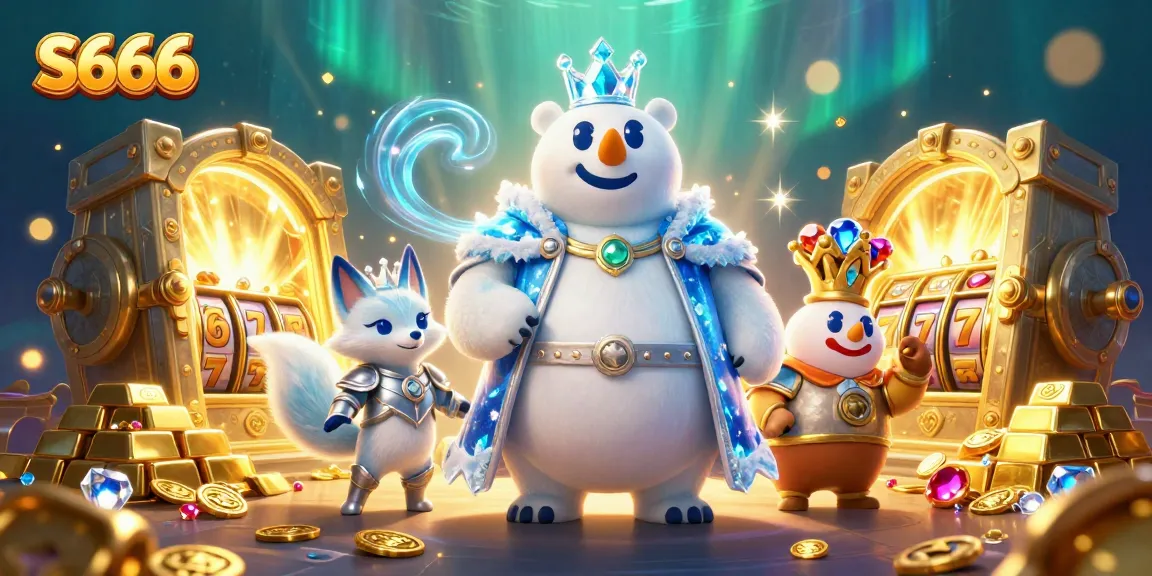 S666 casino promotion featuring an ice king polar bear and snow fox with slot reels and sparkling treasures