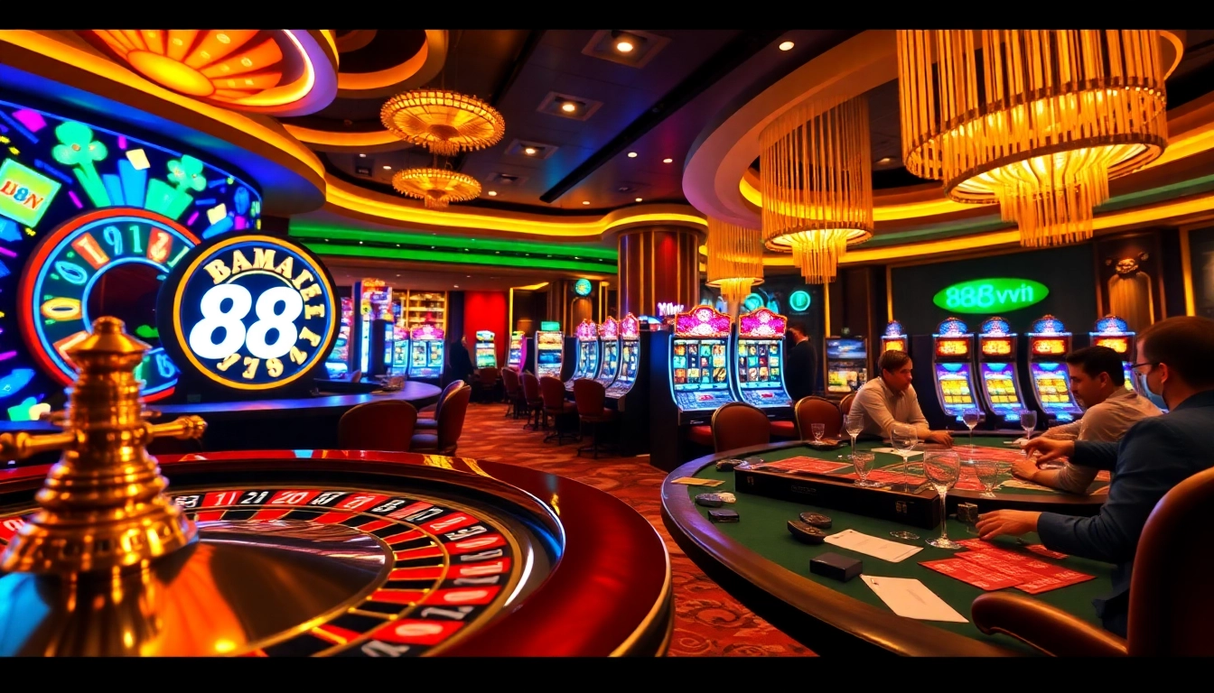 88vn casino scene showcasing luxury gaming with roulette, poker, and vibrant slot machines.
