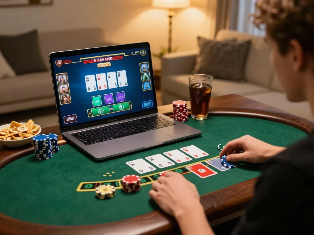 Player strategizing in an online blackjack game on 33win, showcasing modern gaming setup