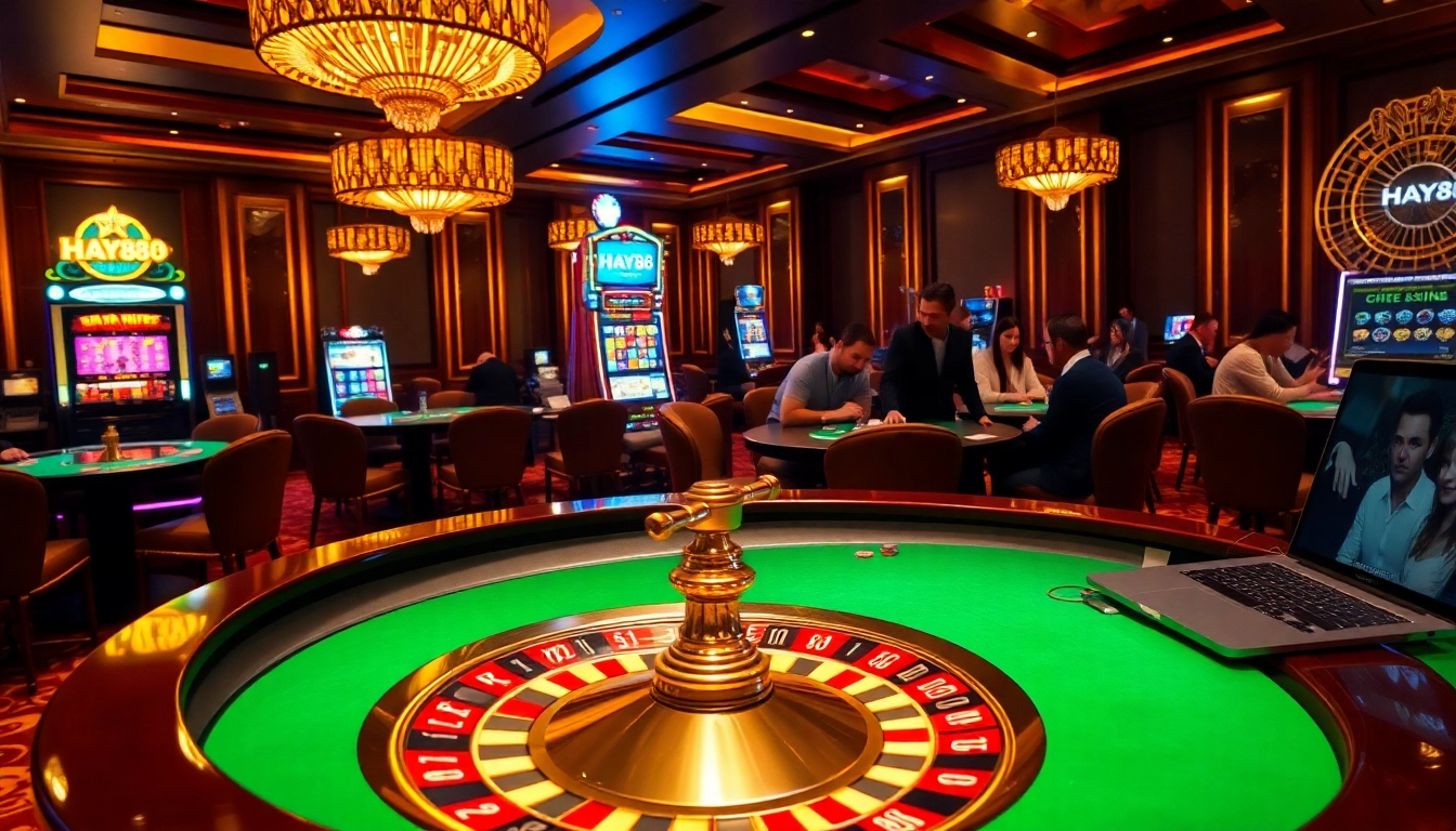Experience the excitement of HAY88 with vibrant casino scenes filled with roulette, slots, and high-stakes gameplay.