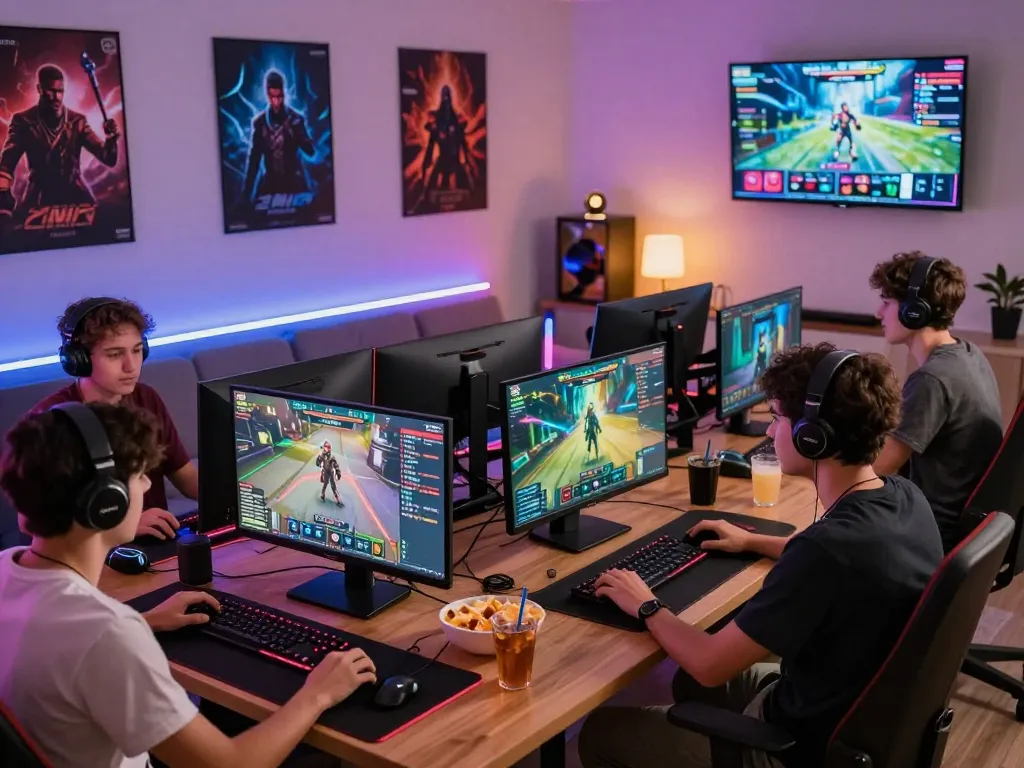 Engaged players enjoying 23win online casino games in a vibrant home gaming setup.