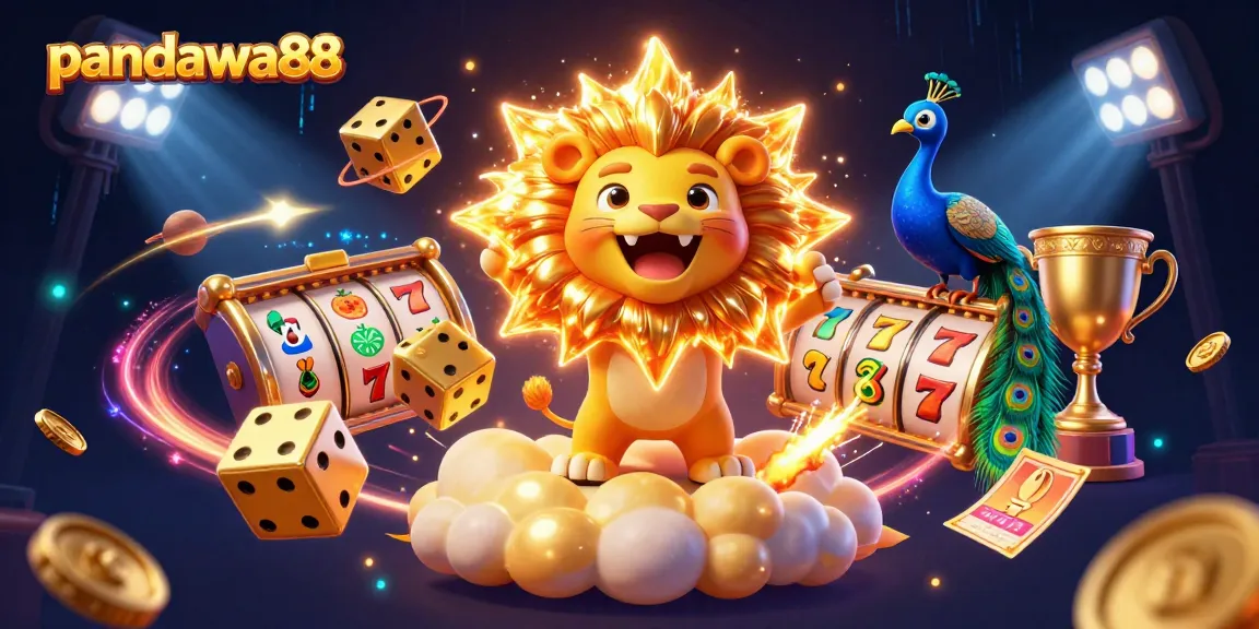 Experience the excitement of pandawa88 with vibrant slot elements and a roaring lion illustration.
