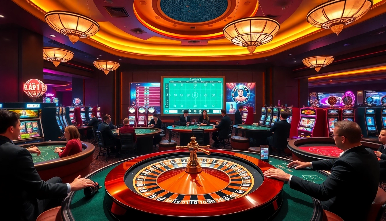 Tỷ lệ kèo nhà cái showcased at a high-end casino with players engrossed in various games.