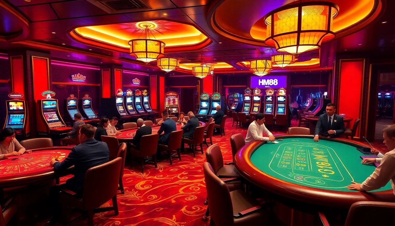Engaged gamblers at a stylish HM88 casino, playing poker and roulette in a vibrant atmosphere.