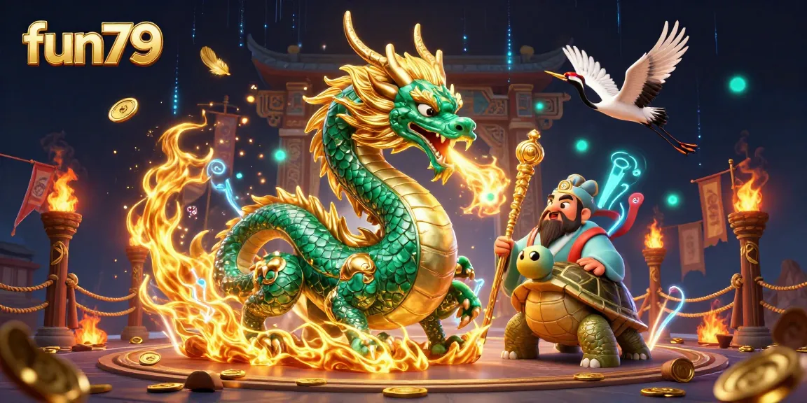 Experience thrilling gaming action at fun79 with an emerald dragon and lucky cranes in a vibrant casino scene.