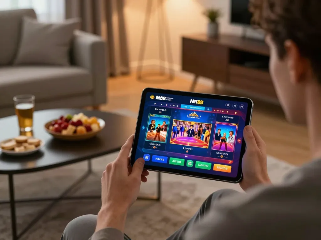 Player enjoying Net88 casino app for live dealer games in a stylish home setting