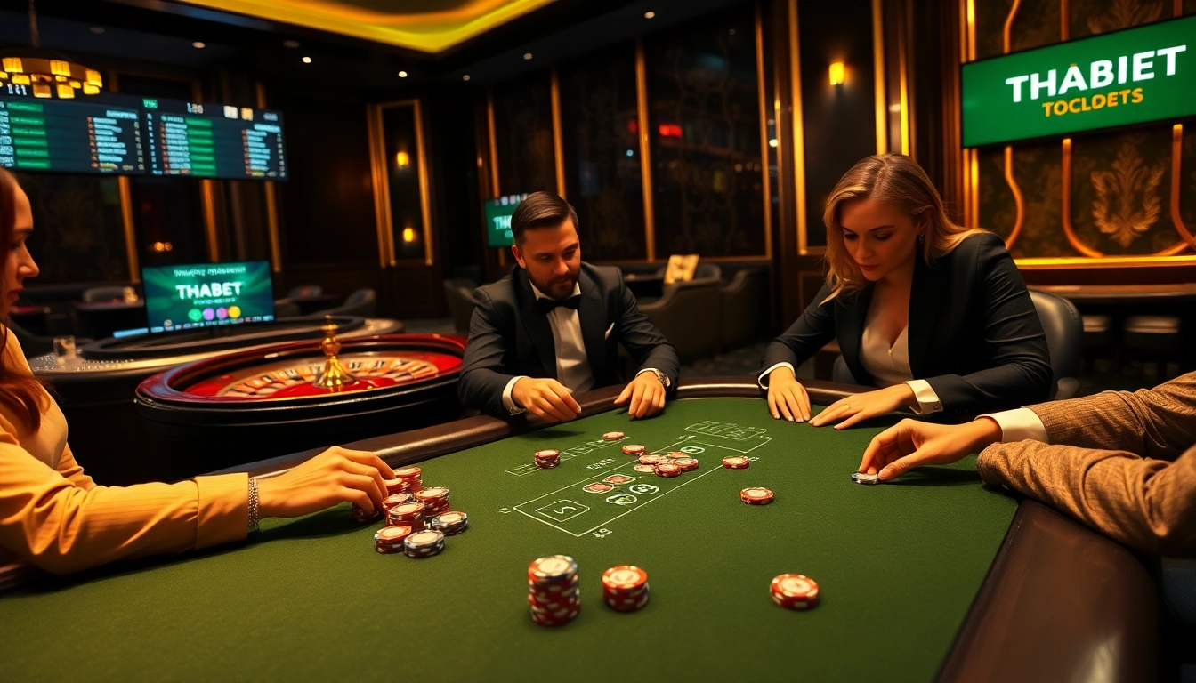 THABET players strategizing at a luxurious poker table in a vibrant casino atmosphere.