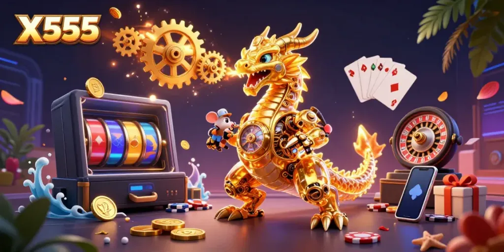 Experience thrilling gaming with X555, featuring a golden dragon and exciting casino elements.