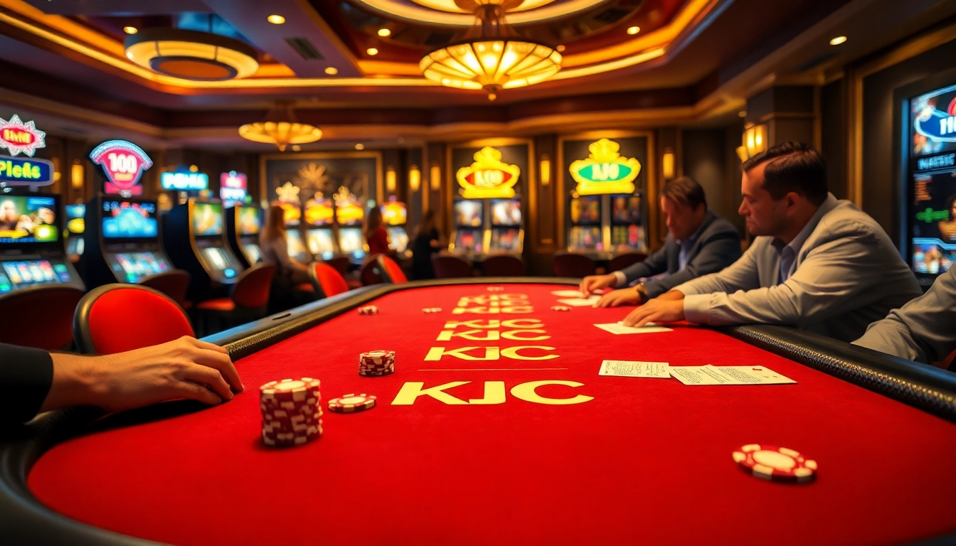 KJC casino scene with poker chips and excited players at a blackjack table.