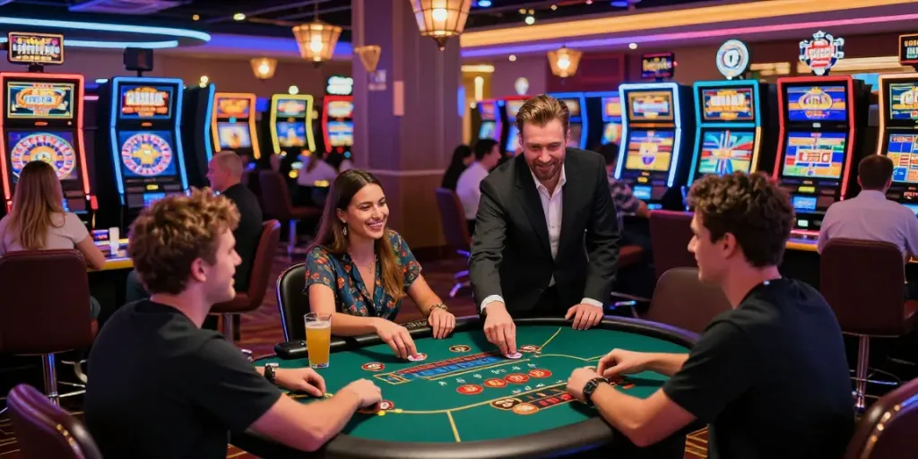 Exciting casino not on GamStop scene with diverse players enjoying various games in a lively atmosphere