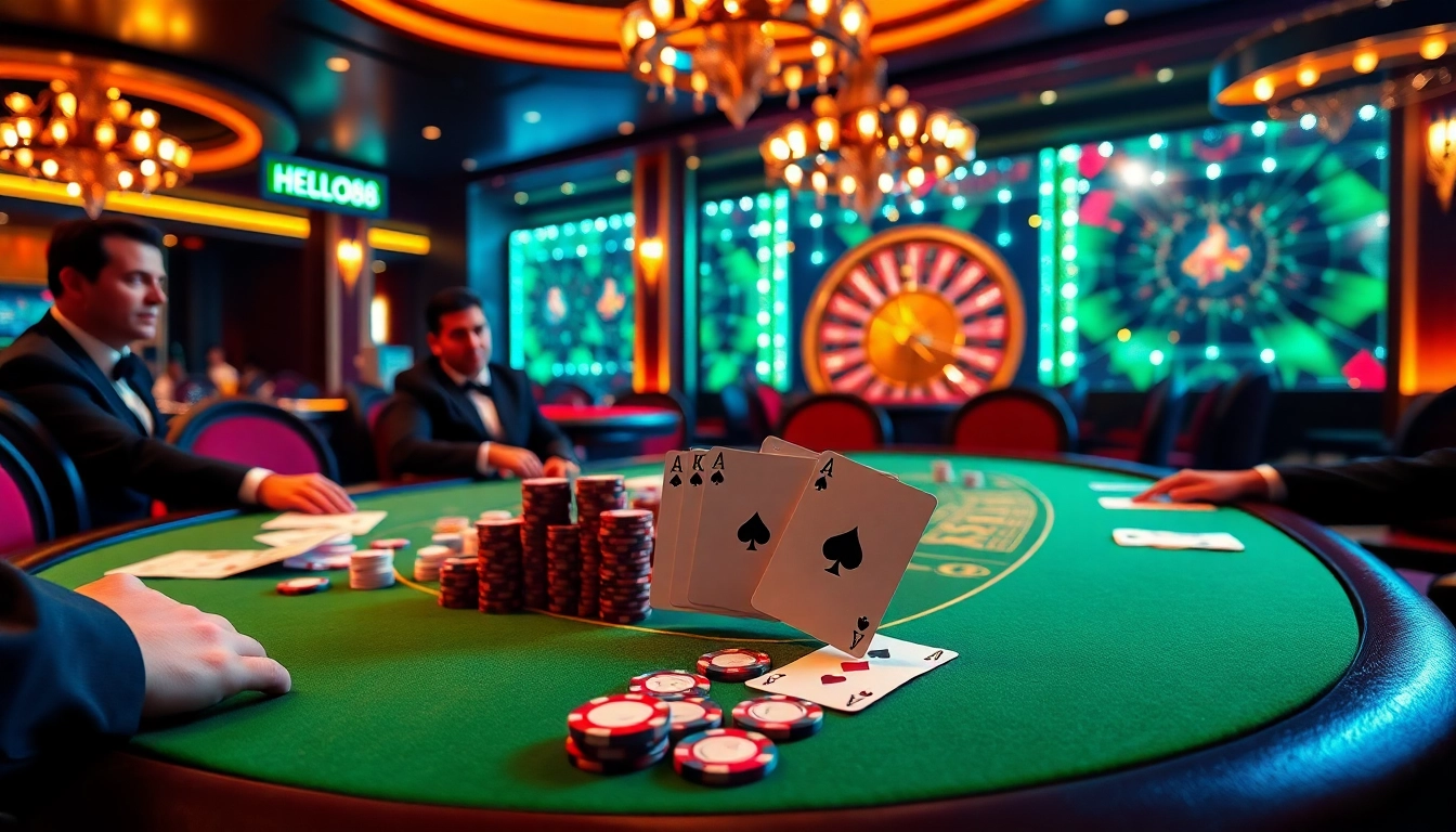 hello88 poker players engage in high-stakes action at a vibrant casino table.