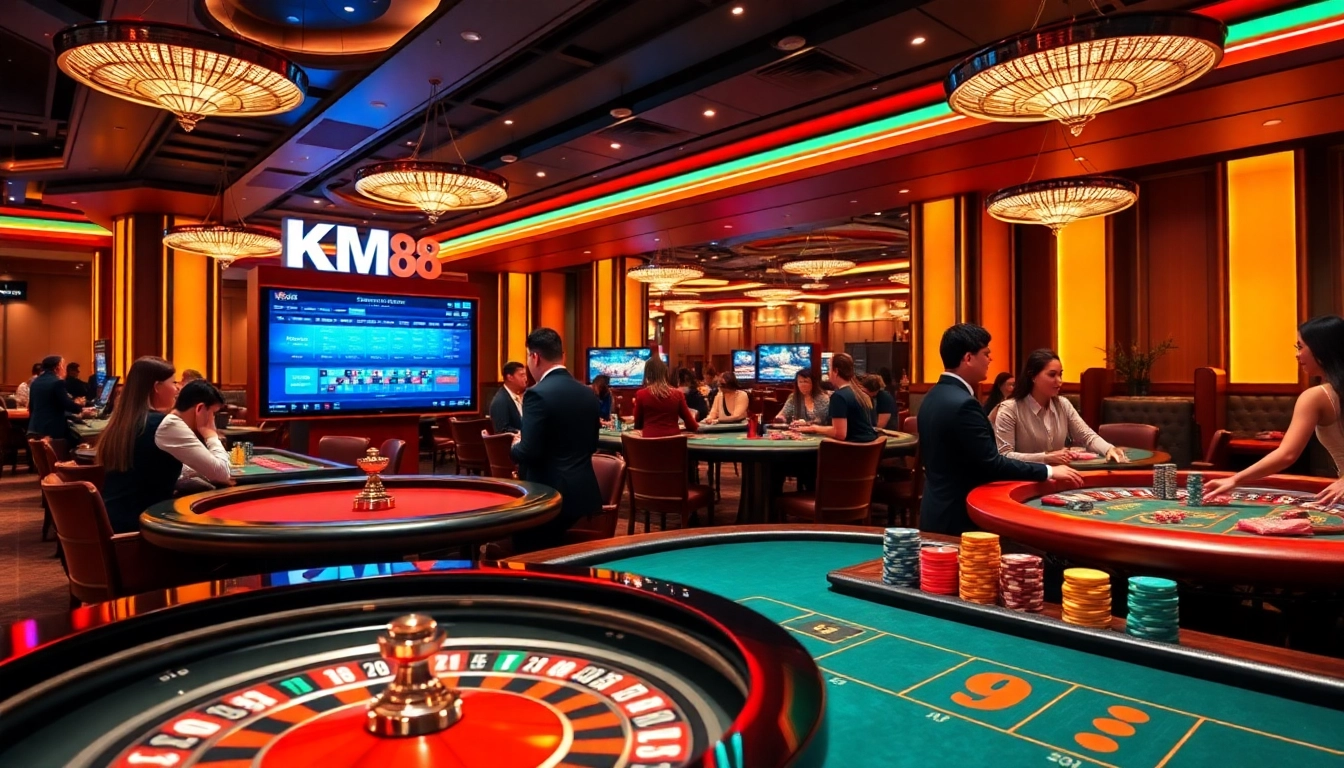Experience thrill and luxury at the KM88 casino with poker, roulette, and colorful chips.