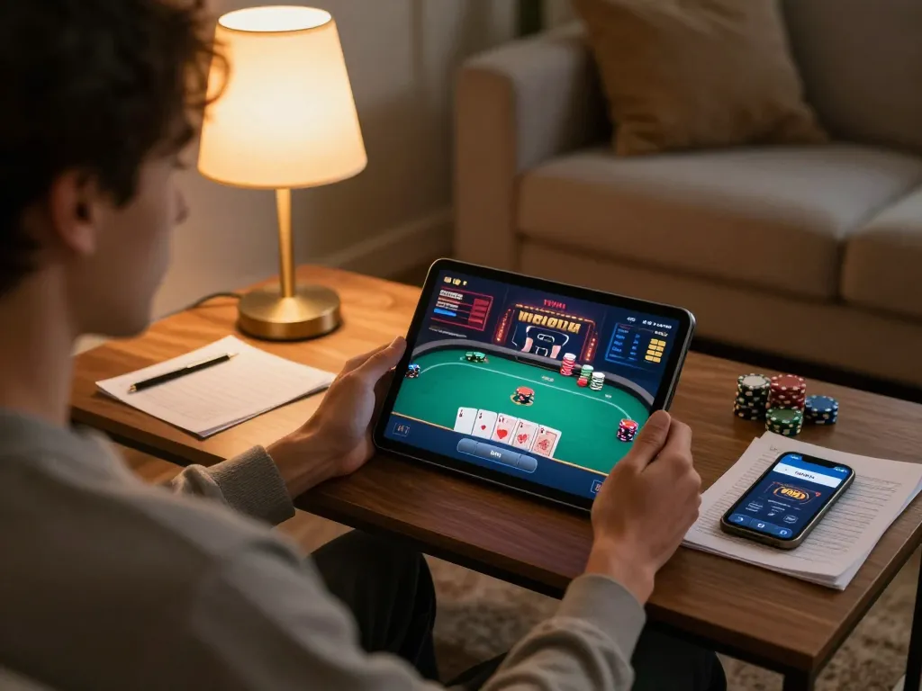 Engaging in a poker game on the VIN88 online app in a cozy home setting.