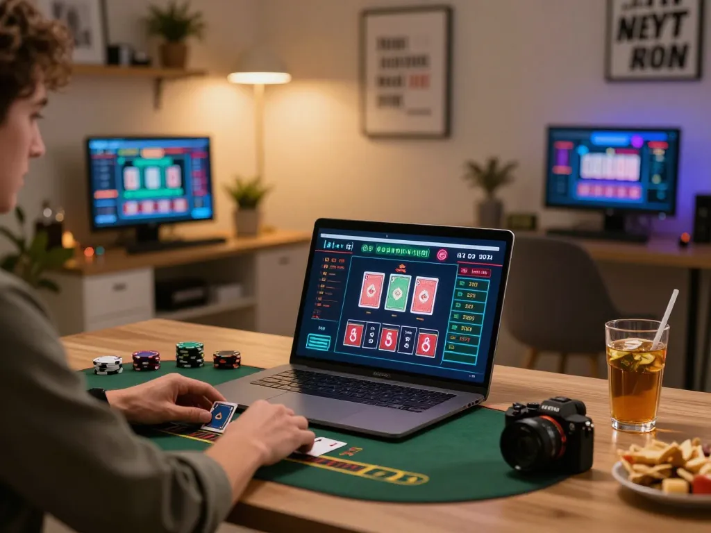 Engaging player using 789WIN to strategize in live dealer blackjack at home office.