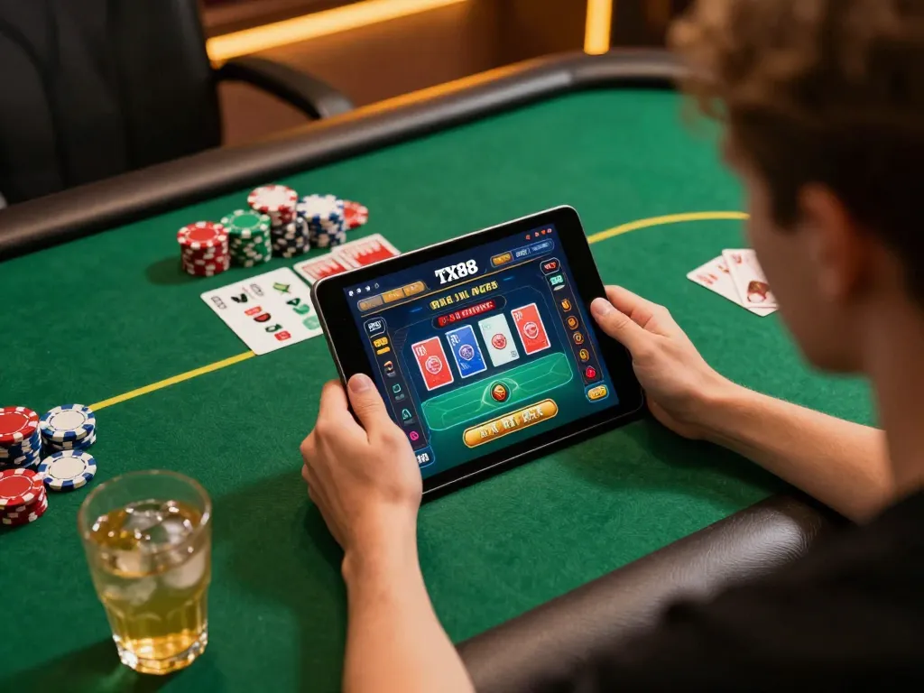 Engaging in strategic gameplay at TX88 online casino while reviewing betting options on tablet.