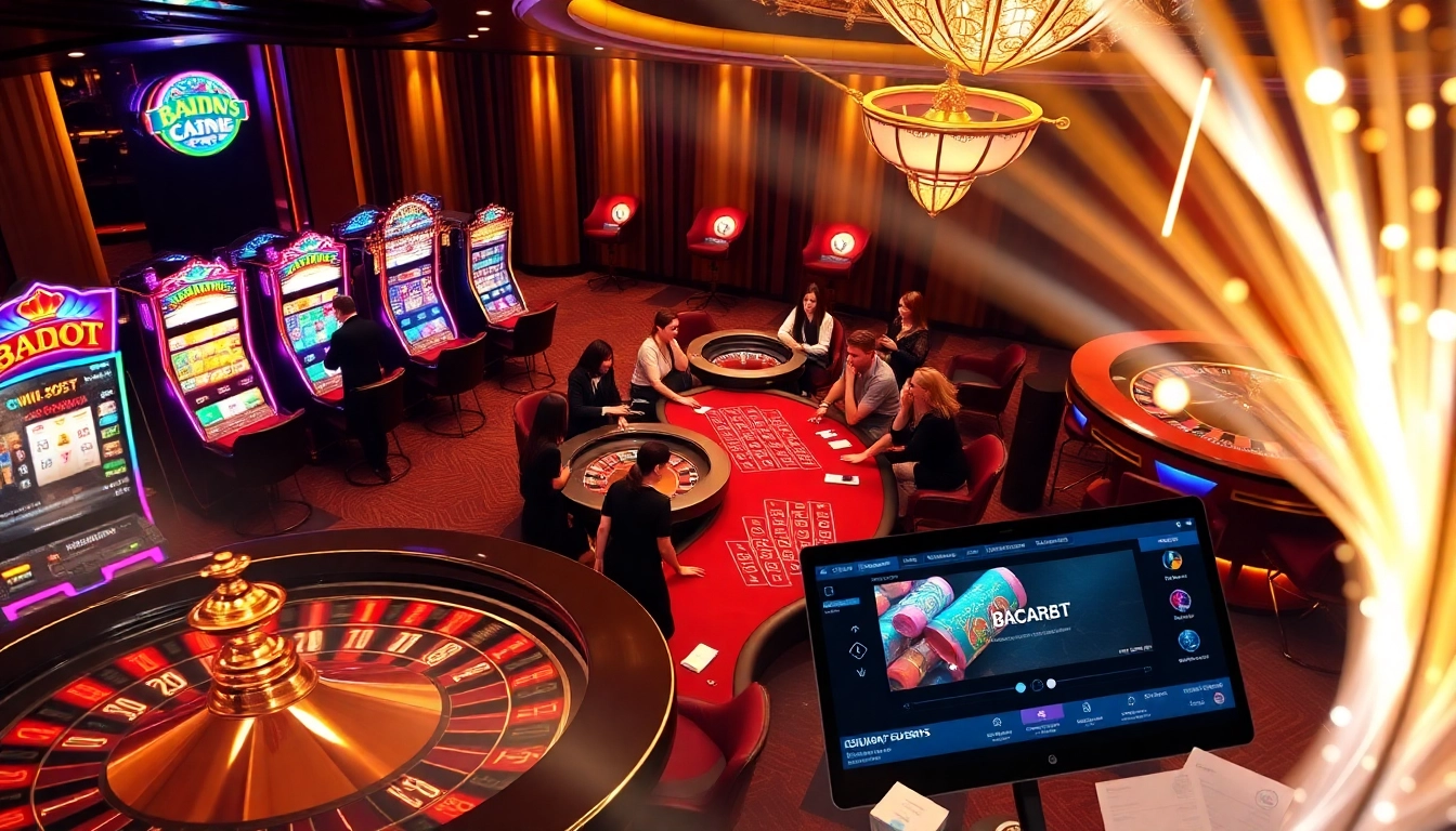 Players enjoying a thrilling game at https://nohu90vn2.com/ casino, featuring poker tables and slot machines.