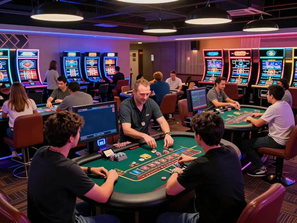 Casino not on Gamstop players enjoying vibrant gaming experience with colorful lighting and engaging atmosphere.