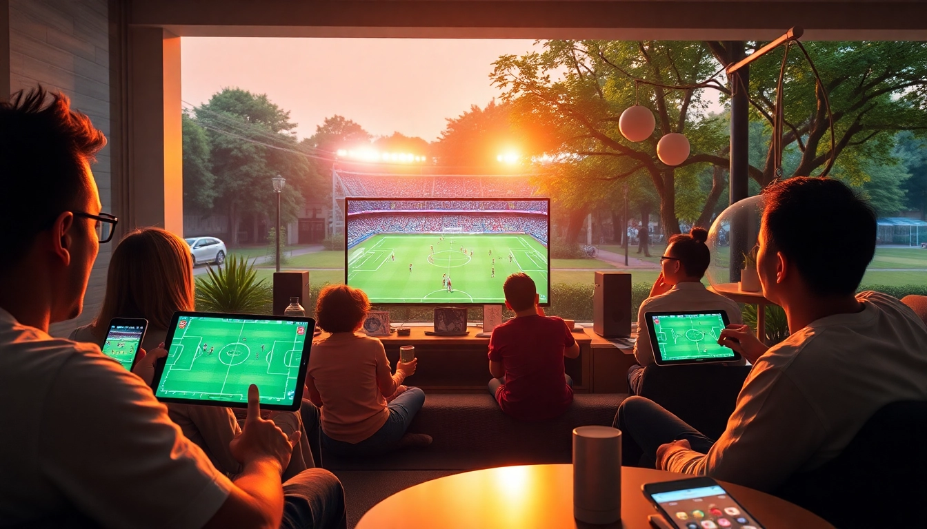 Excited fans enjoying live football streaming on LuongSonTV with various devices in warm environments.