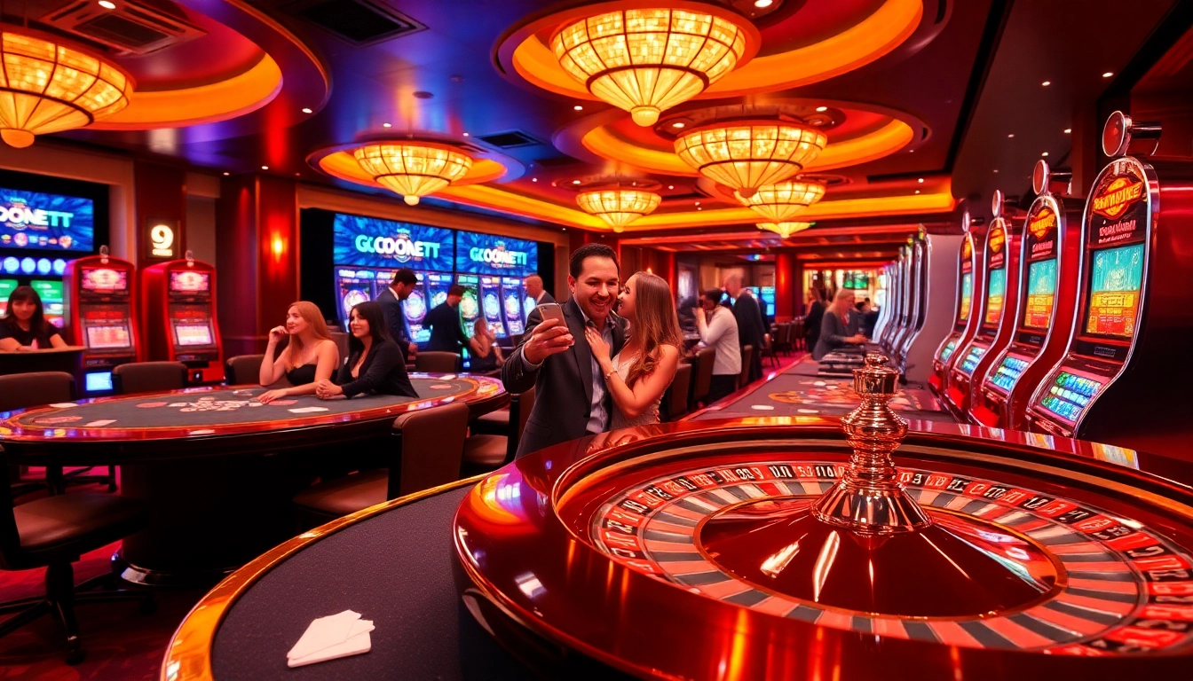 GO8 casino scene showcasing an exciting gaming environment with players at tables and modern slot machines.
