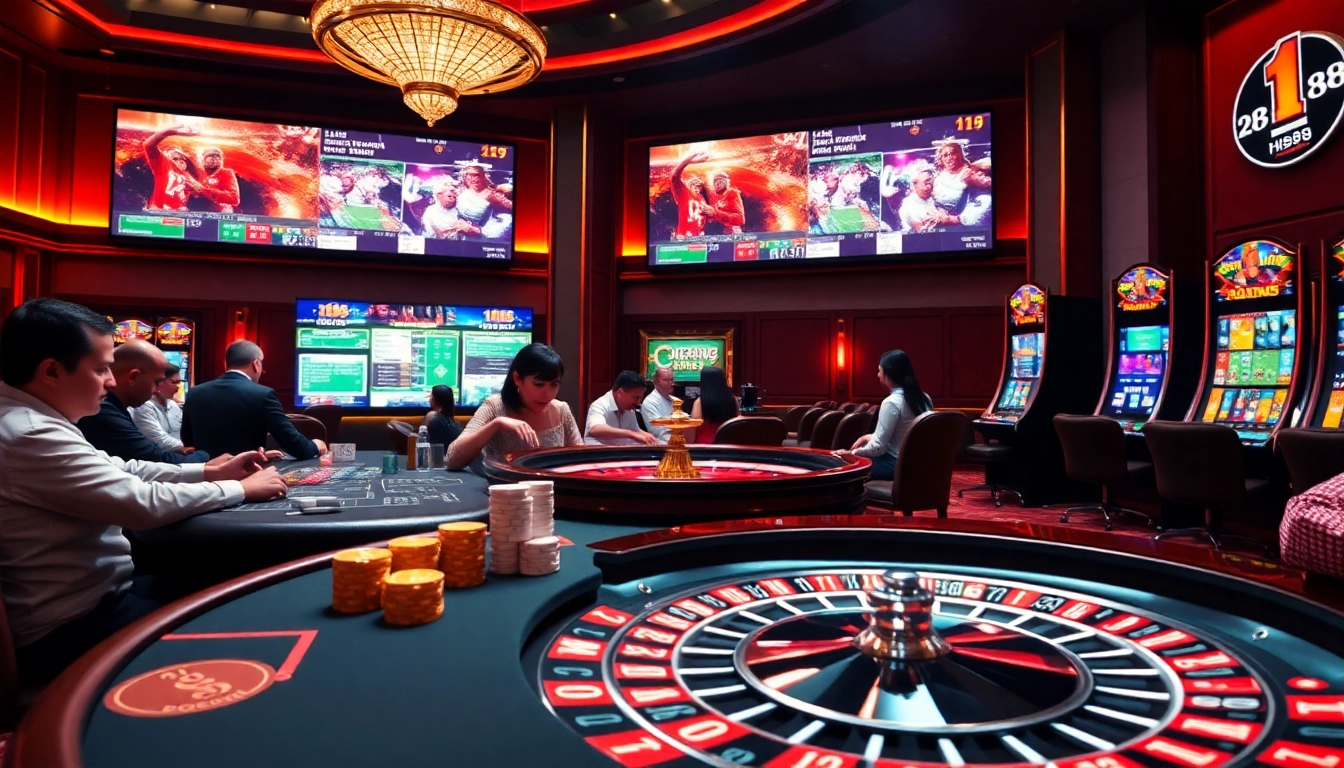 hb88 players placing bets at an upscale casino poker table with a roulette wheel in view
