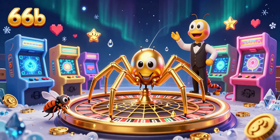 66b engages in thrilling casino gameplay as the golden spider weaves a roulette web surrounded by vibrant arcade elements.