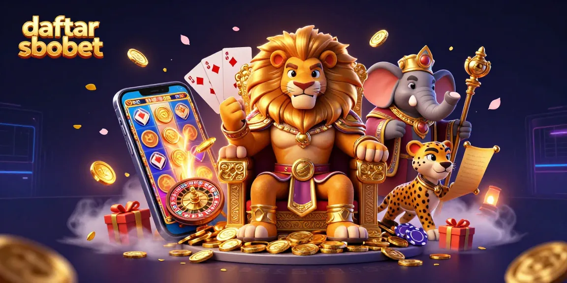 Experience daftar sbobet with a fierce lion king on a throne of coins, surrounded by vibrant casino elements.